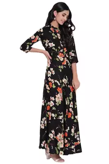 Black printed viscose rayon long-kurtis