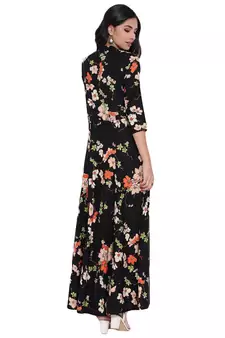 Black printed viscose rayon long-kurtis