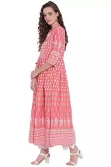 Pink printed cotton long-kurtis