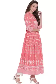Pink printed cotton long-kurtis