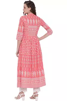 Pink printed cotton long-kurtis