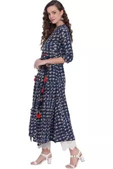 Blue printed cotton long-kurtis