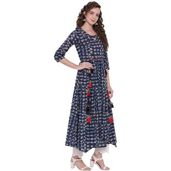 Blue printed cotton long-kurtis 3