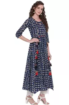 Blue printed cotton long-kurtis