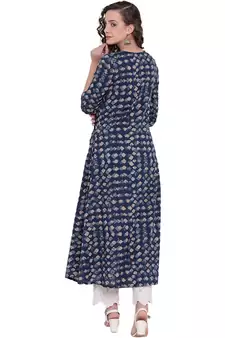 Blue printed cotton long-kurtis