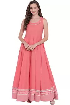 Pink printed cotton long-kurtis
