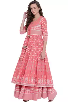 Pink printed cotton long-kurtis