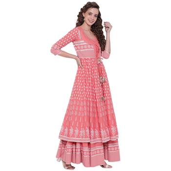 Pink printed cotton long-kurtis 4