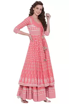 Pink printed cotton long-kurtis
