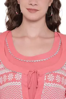 Pink printed cotton long-kurtis