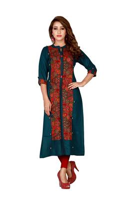 Turquoise plain rayon ethnic-kurtis 3