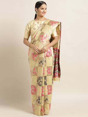 Gold printed linen saree with blouse 1