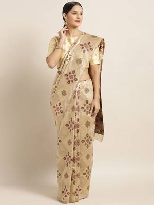 Gold printed linen saree with blouse 1