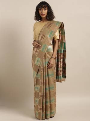 Brown printed linen saree with blouse 1