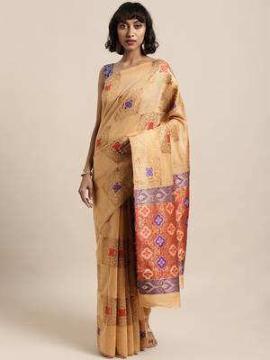 Beige printed linen saree with blouse 1
