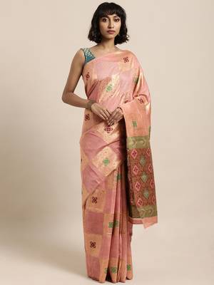 Peach printed linen saree with blouse 1