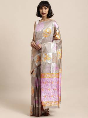 Grey printed linen saree with blouse 1