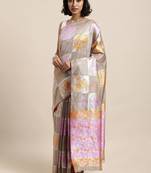 Grey printed linen saree with blouse