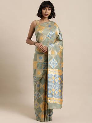Green printed linen saree with blouse 1