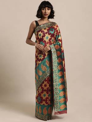 Maroon printed organza saree with blouse 1