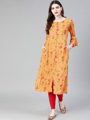 Straight Mustard Foil Printed Rayon Cotton Kurta For Girls'S And  1