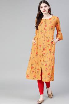 Straight Mustard Foil Printed Rayon Cotton Kurta For Girls'S And 