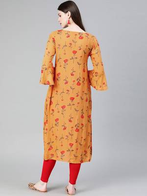 Straight Mustard Foil Printed Rayon Cotton Kurta For Girls'S And  3