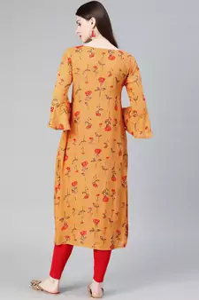 Straight Mustard Foil Printed Rayon Cotton Kurta For Girls'S And 