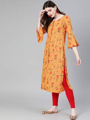 Straight Mustard Foil Printed Rayon Cotton Kurta For Girls'S And  4