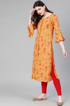 Straight Mustard Foil Printed Rayon Cotton Kurta For Girls'S And 