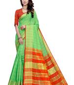 Blissta Lgreen Cotton Border Work Checks Pattern Saree With Contrast Color Blouse
