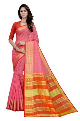 Blissta Lpink Cotton Border Work Checks Pattern Saree With Contrast Color Blouse 1