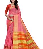 Blissta Lpink Cotton Border Work Checks Pattern Saree With Contrast Color Blouse