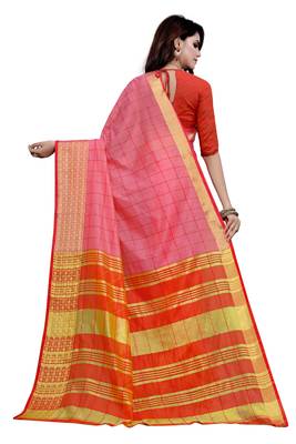 Blissta Lpink Cotton Border Work Checks Pattern Saree With Contrast Color Blouse 2