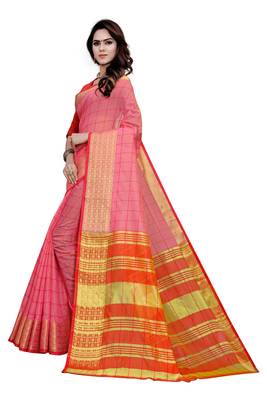 Blissta Lpink Cotton Border Work Checks Pattern Saree With Contrast Color Blouse 5