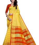 Blissta Yellow Cotton Border Work Checks Pattern Saree With Contrast Color Blouse