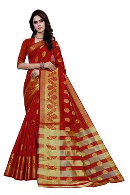 Blissta Red Art Silk Jacquard & Zari Butta Woven Saree With Running Blouse 1