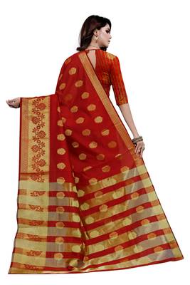 Blissta Red Art Silk Jacquard & Zari Butta Woven Saree With Running Blouse 2