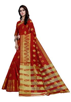 Blissta Red Art Silk Jacquard & Zari Butta Woven Saree With Running Blouse 5