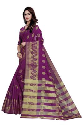 Blissta Wine Art Silk Jacquard & Zari Butta Woven Saree With Running Blouse 5