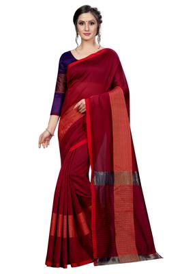 Blissta Maroon Cotton Boder Work  Plain Saree With Contrast Color Blouse 1