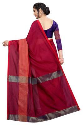 Blissta Maroon Cotton Boder Work  Plain Saree With Contrast Color Blouse 2