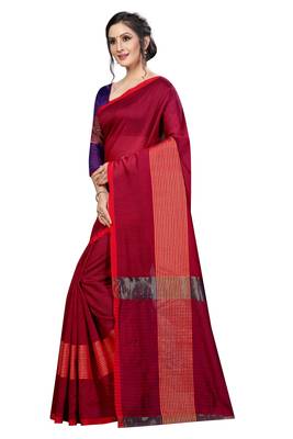 Blissta Maroon Cotton Boder Work  Plain Saree With Contrast Color Blouse 5