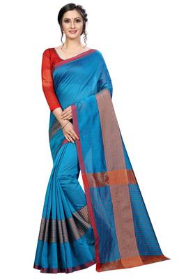 Blissta Sky Blue Cotton Boder Work  Plain Saree With Contrast Color Blouse 1