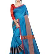 Blissta Sky Blue Cotton Boder Work  Plain Saree With Contrast Color Blouse