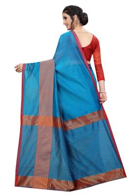 Blissta Sky Blue Cotton Boder Work  Plain Saree With Contrast Color Blouse 2