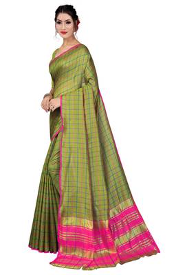 Blissta Mahendi Art Silk Printed Checks Pattern Saree With Running Blouse 5