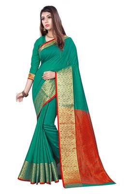 Blissta Green Cotton Jacquard Border Work Plain Saree With Running Blouse 1