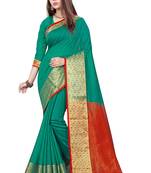 Blissta Green Cotton Jacquard Border Work Plain Saree With Running Blouse