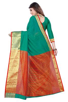 Blissta Green Cotton Jacquard Border Work Plain Saree With Running Blouse 2